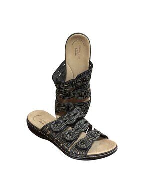 Clarks Leisa Faye Sandals Women’s 8M Shoes Black Leather Straps Comfort Slides